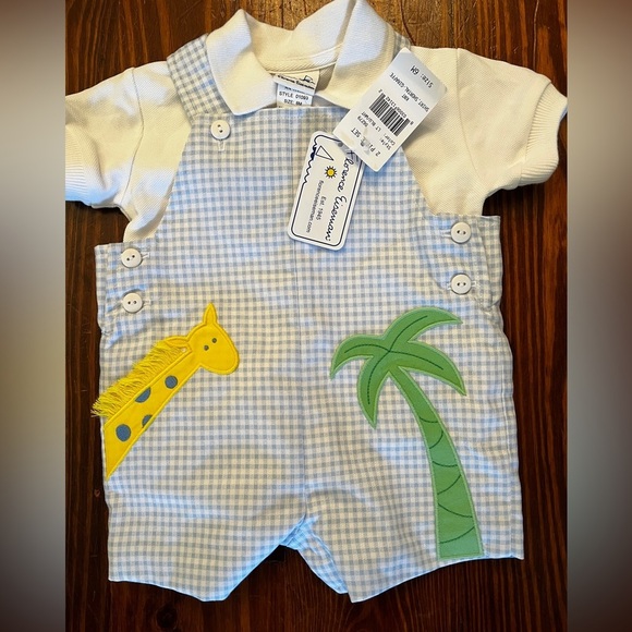 FLORENCE EISMAN 2 Piece Set Blue Gingham Jumper and White Collar Shirt Giraffe - Picture 3 of 4